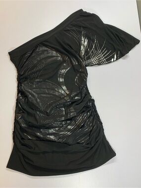Y2K Demore One Shoulder Ruched Tunic Top M Black Made In USA Graphic Print Club